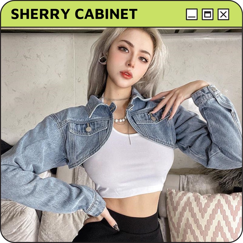 Áo khoác bò denim cánh siêu ngắn phong cách cổ điển Sherry Cabinet
