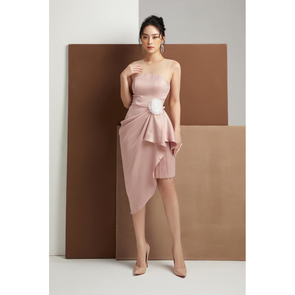 Đầm dự tiệc ôm body kiểu cúp ngực phối lưới nhún eo kèm hoa (HÀNG CAO CẤP)