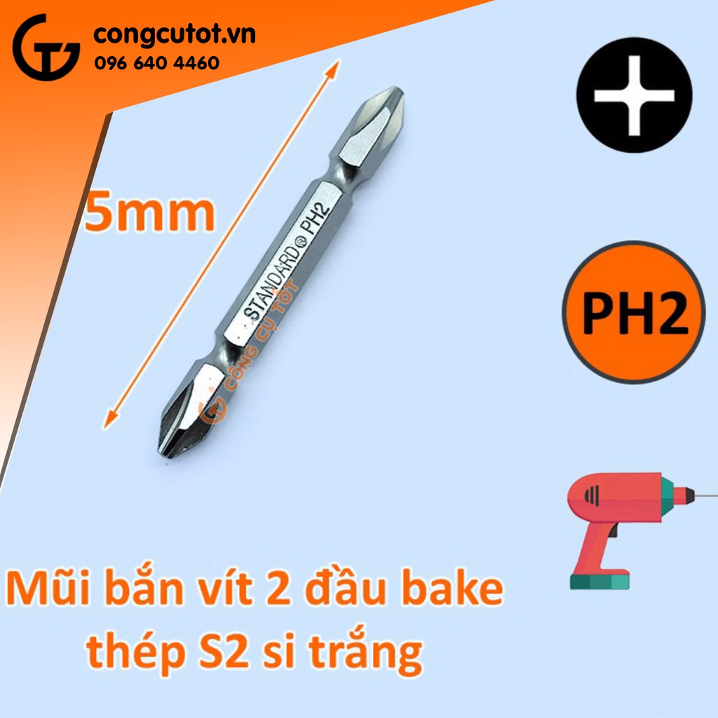 Mũi bắn vít 2 đầu bake thép S2 si trắng Standard Đài Loan dài 65mm