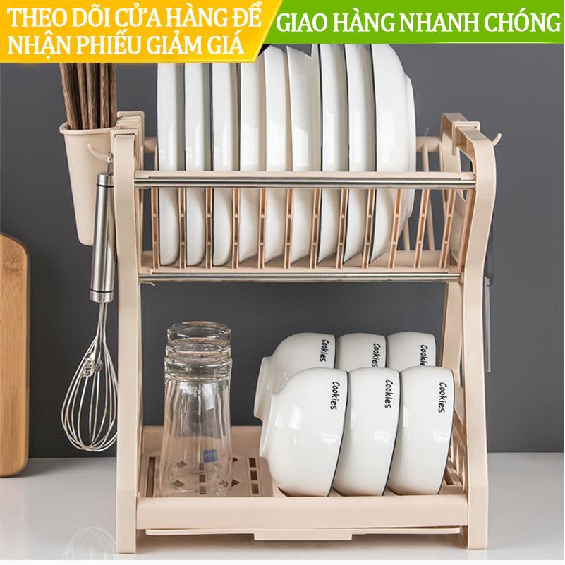 ∏✹✟Giá úp bát 2 tầng bằng nhựa khung inox siêu bền kèm ống đựng thìa muỗng đũa tiện dụng