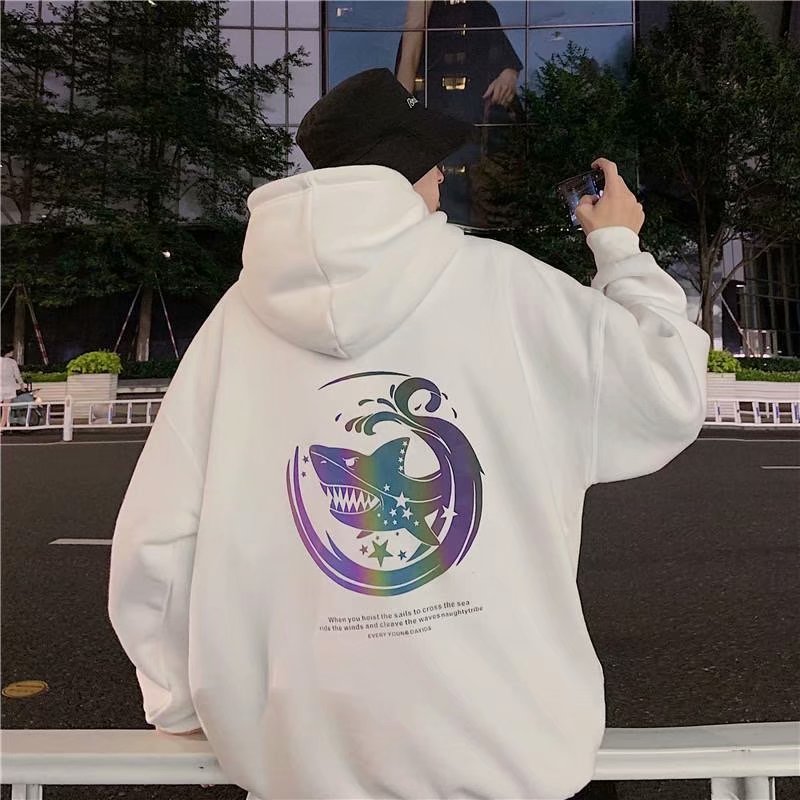 4 Colors【M-XXL】Sweatshirt Color Reflection Printing Shark Long Sleeve Hoodie Sweater Coat Casual Outerwear Loose