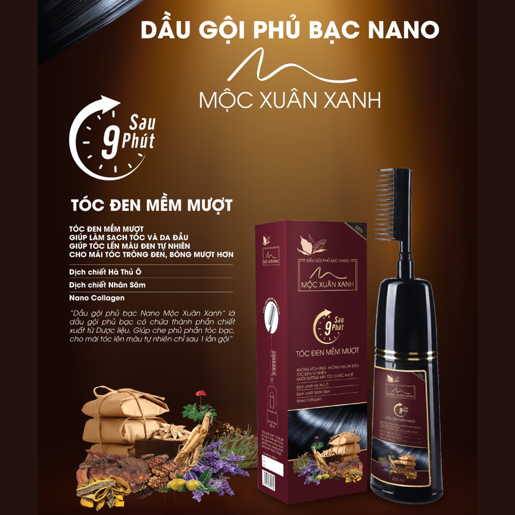 Dầu Gội Phủ Bạc Thảo Dược MỘC XUÂN XANH Chai 200ml - Gội Là Đen Nhuộm Tóc Đen Tự Nhiên Không Phai Chỉ Sau 9 Phút