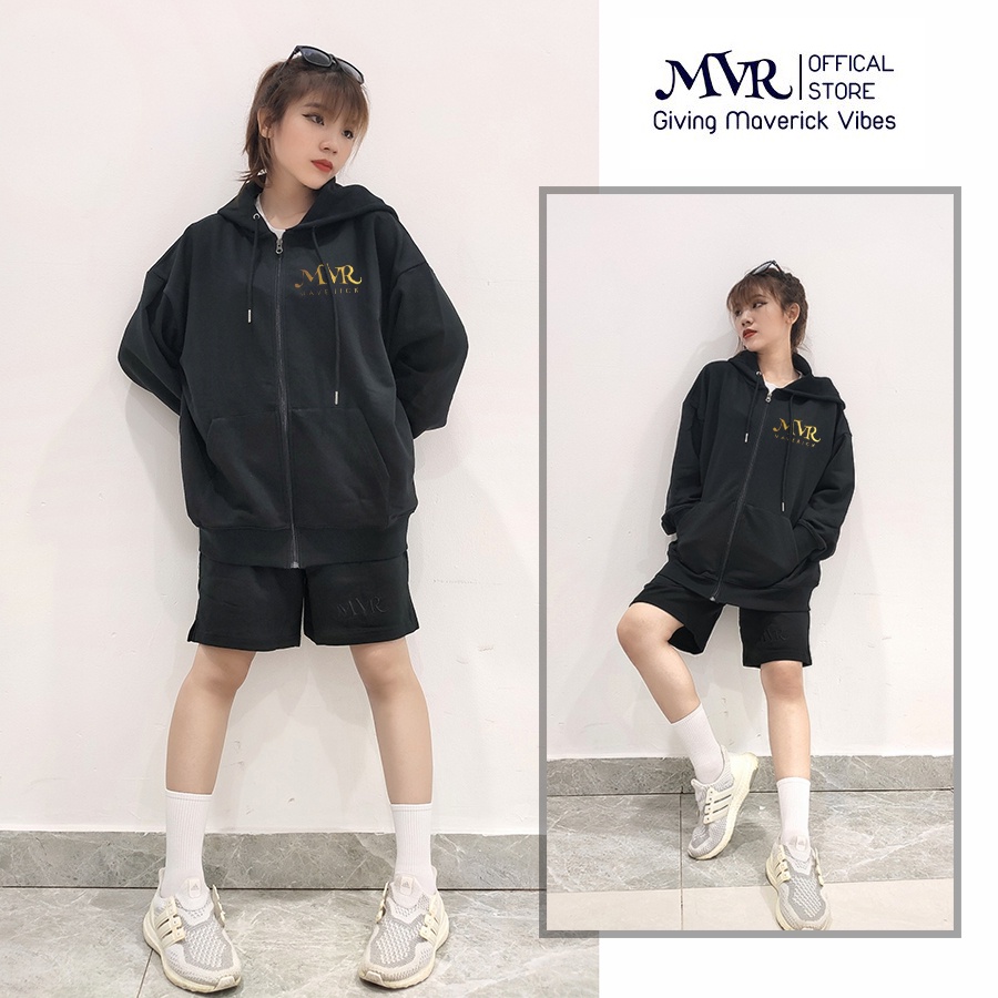 Áo khoác Unisex nỉ hoodie nam nữ dây kéo zip chống nắng logo MVR nhũ vàng Localbrand Phong Cách Ulzzang - MVR25022111