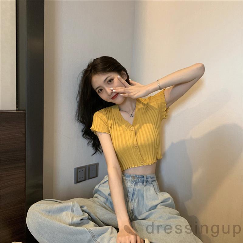 Áo Dệt Kim Tay Ngắn Cổ Chữ V Màu Trơn Kiểu Dáng Hợp Thời Trang Xinh Xắn Cho Nữ