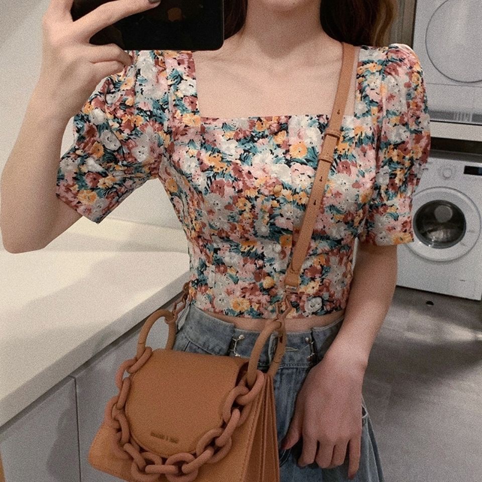 Áo Cổ Vuông Hở Lưng Họa Tiết Hoa Phong Cách Retro Hong Kong Cho Nữ