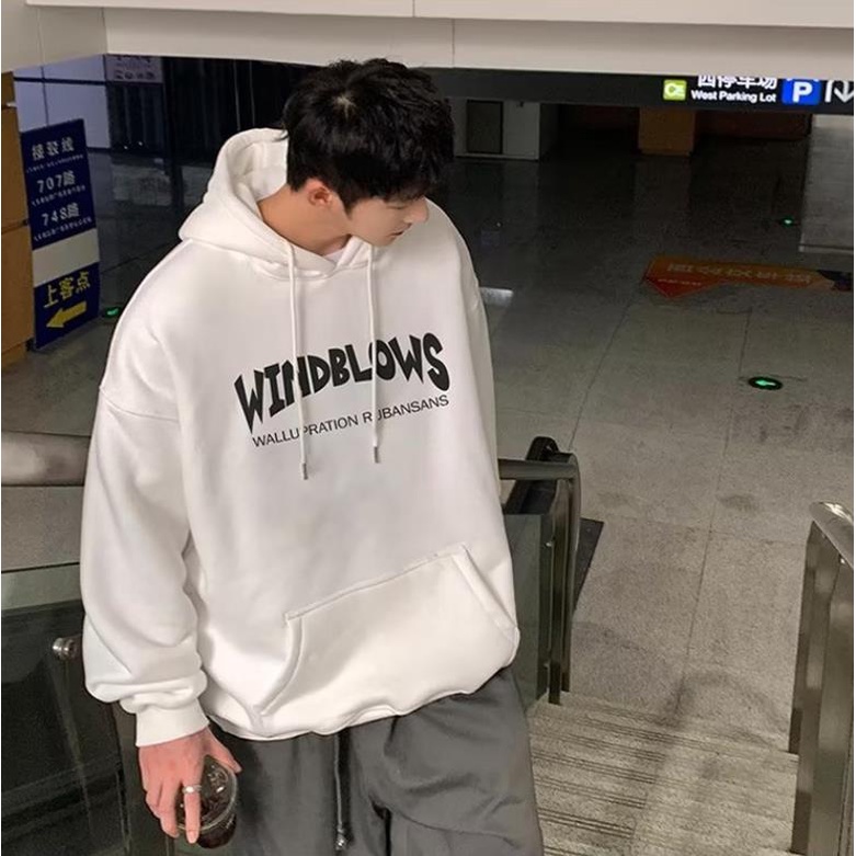 Áo Hoodie Tay Dài In Chữ Klein Màu Xanh Dương Phong Cách Hip hop Nhật Bản Thời Trang Mùa Đông 3 Màu Tùy Chọn Cho Nam