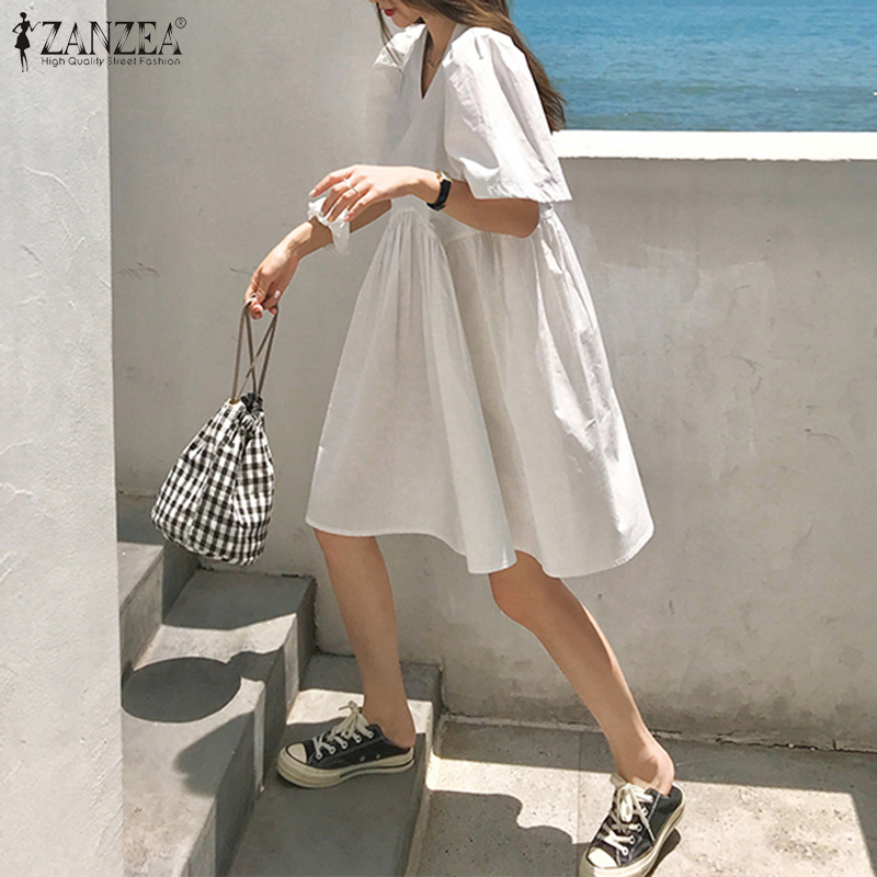 Đầm ZANZEA Ngắn Tay Cổ Chữ V Phối Xếp Ly Thanh Lịch Cho Nữ | BigBuy360 - bigbuy360.vn
