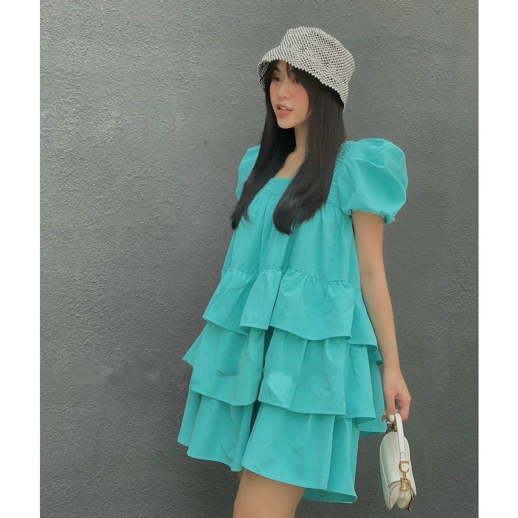 đầm baby cổ vuông tay ngắn bồng kiểu tầng y hình