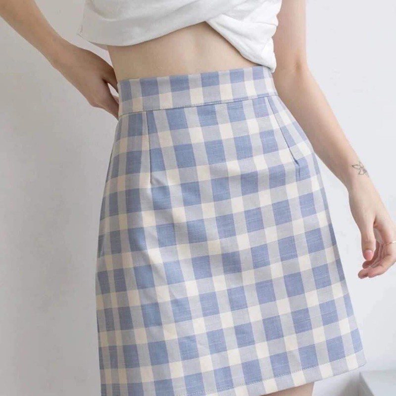 Chân váy kẻ caro hai lớp khóa kéo, dáng chuẩn, phong cách Hàn Quốc