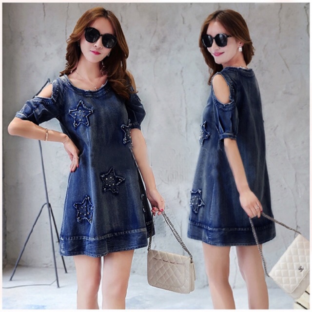 Đầm jean trễ vai ngôi sao cao cấp bao đẹp cổ tròn