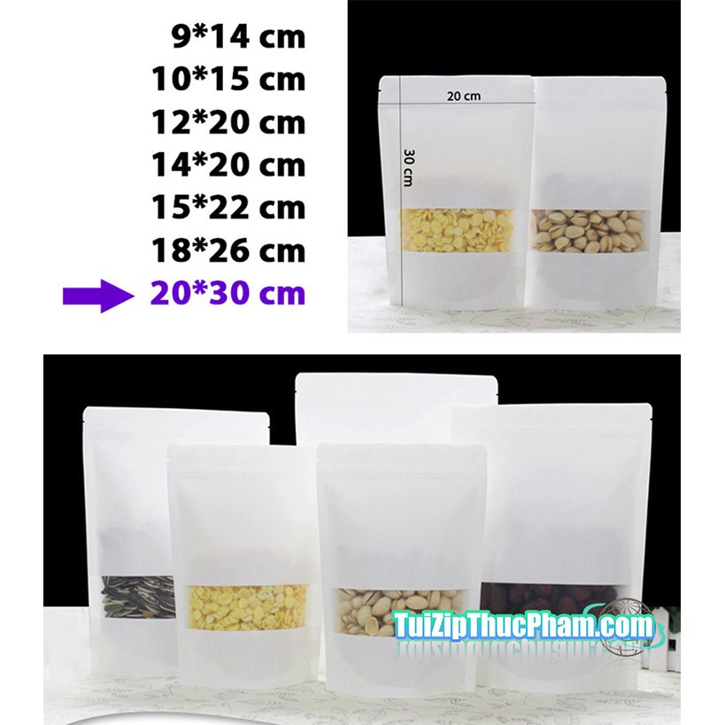 100 cái túi zip giấy kraft trắng 20X30m có cửa sổ phủ PET CPP 2 mặt chuyên đựng thực phẩm