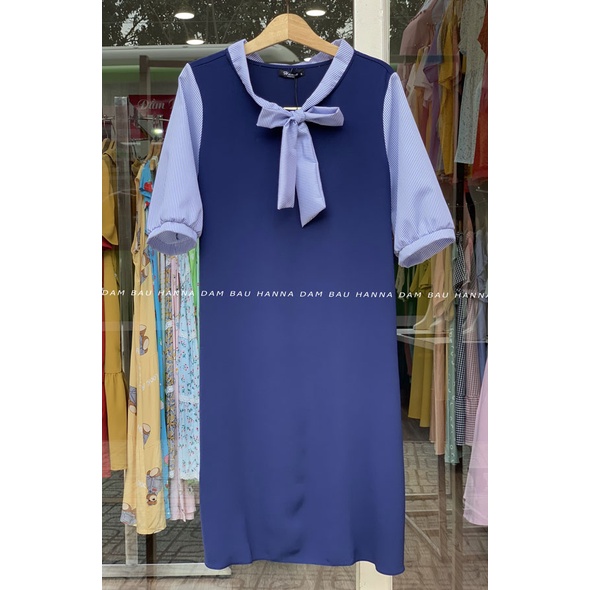 [HANNA] Đầm bầu công sở cao cấp đầm bầu xanh đen phối sọc có size 80kg dài qua gối vải cao cấp mềm mát không nhăn