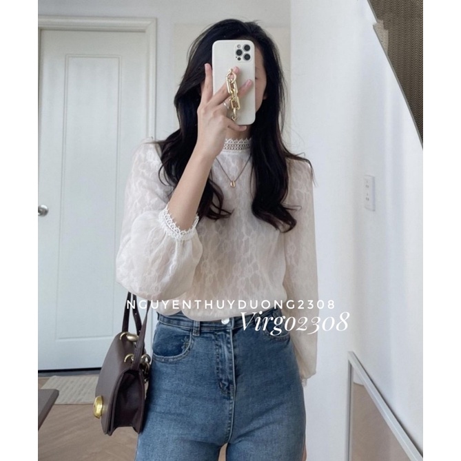 [NEW]ÁO SƠMI REN HOA NỔI TAY BO CỔ TRÒN 302