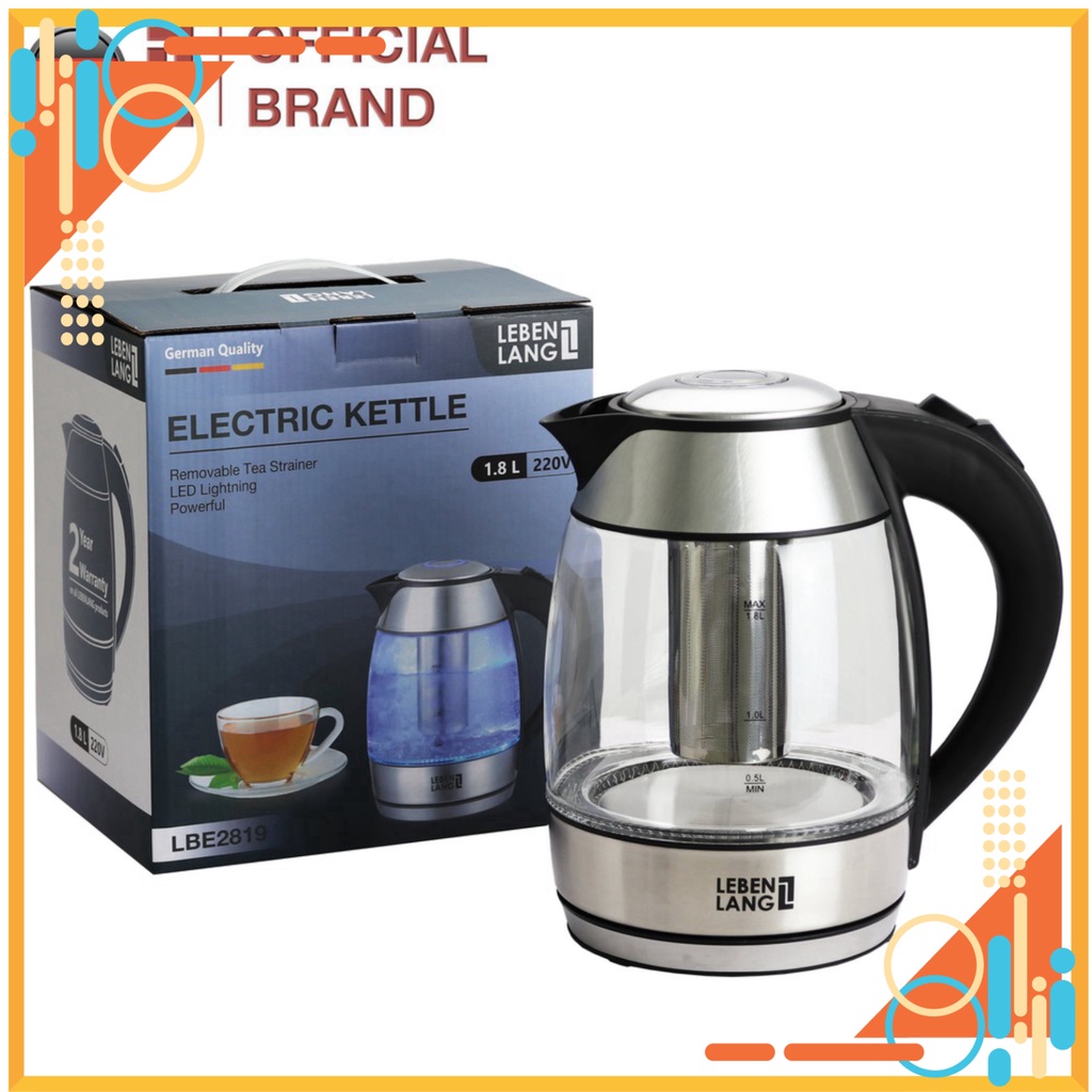 Ấm siêu tốc 💚 1.8 lít bình siêu tốc thủy tinh LEBENLANG từ Đức gồm lõi lọc trà bằng inox XRT