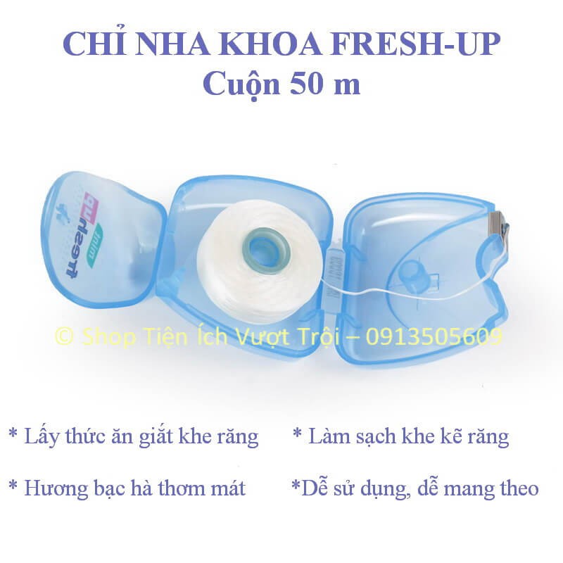 Chỉ nha khoa Fresh Up, thương hiệu Italy, hương vị bạc hà, 50 m, làm sạch khe kẽ răng, giắt thức ăn - Tiện Ích Vượt Trội