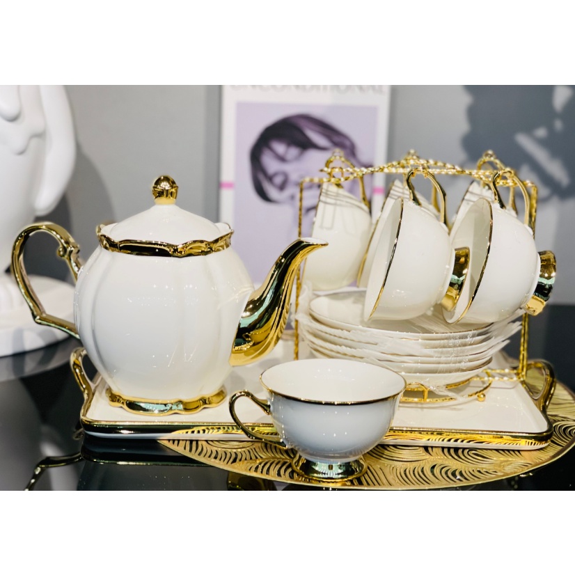 bộ ấm trà có giá treo đĩa lót tằng kèm 6 muỗng cafe. bộ tách pha trà có giá treo