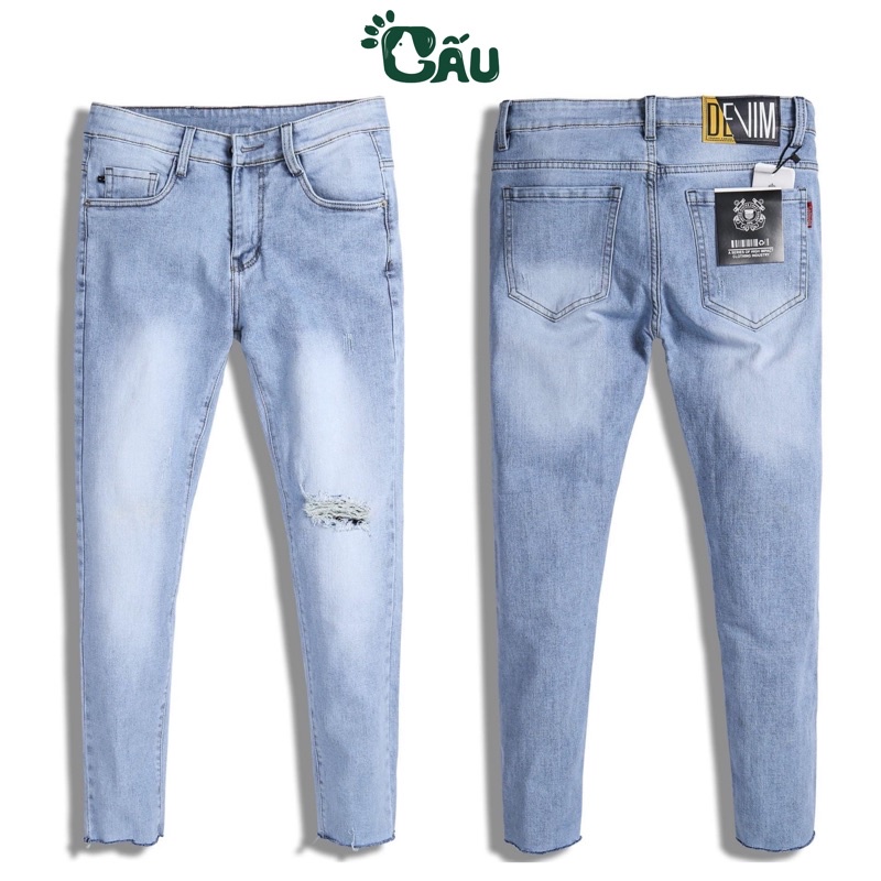 Quần jean nam Gấu 194 wass rách kiểu vải jeans co dãn, dày dặn form slimfit - Rách Một Gối