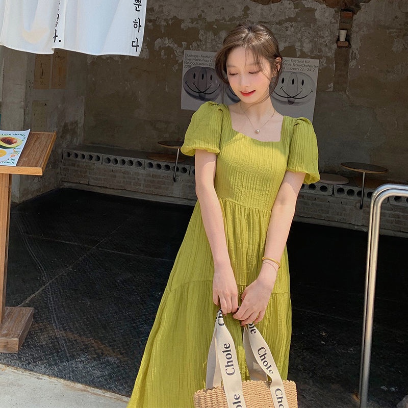 Đầm Cổ Vuông Xếp Ly Dáng Dài Màu Xanh Lá Phong Cách Retro Pháp Thời Trang Mùa Hè Hàng Mới 2022