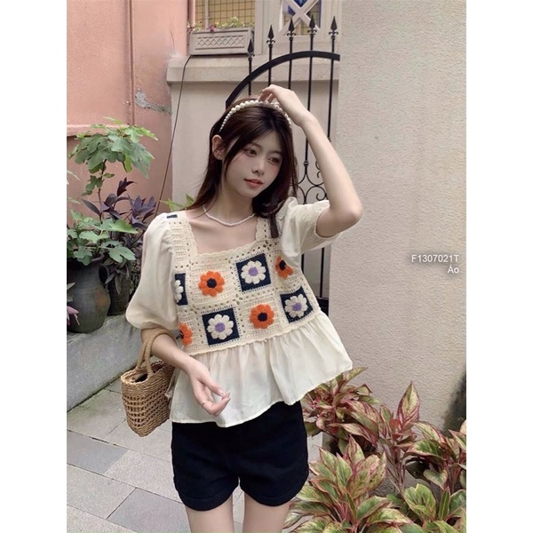 Áo phối len thêu ô hoa màu tay bo ống lai TT1307