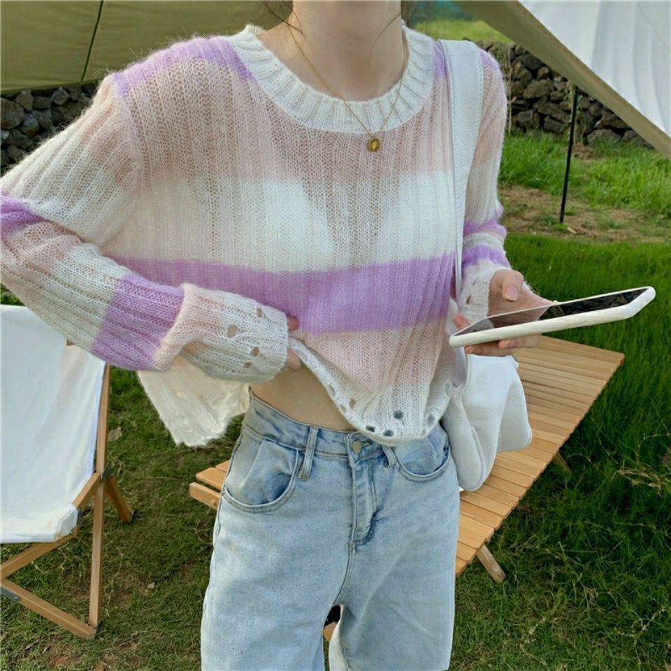 Jiashucheng Áo Sweater Tay Dài Dáng Rộng Ngắn Màu Gradient Phong Cách Hàn Quốc Mùa Thu Cho Nữ
