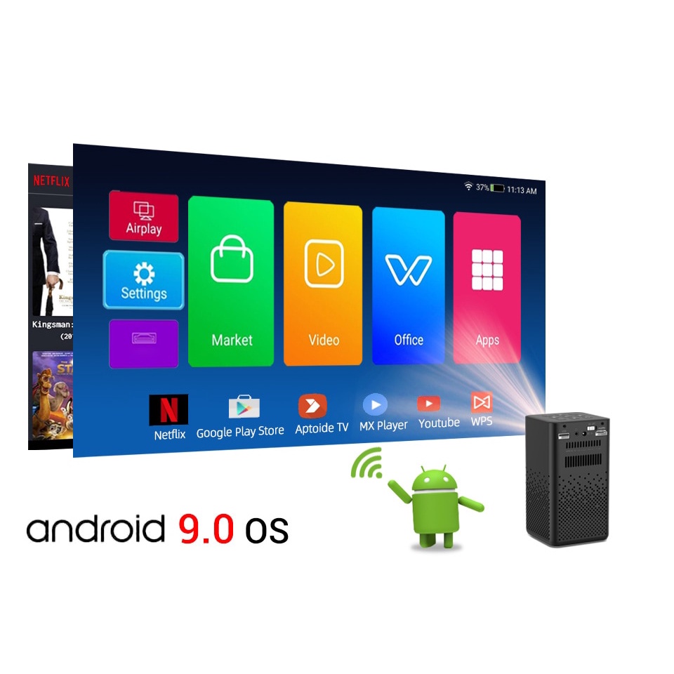 Máy chiếu mini Apollo 11-New 2021: Android TV 9.0, Pin 5200mAh, kết nối bluetooth, loa, wifi, màn hình lên đến 150inch