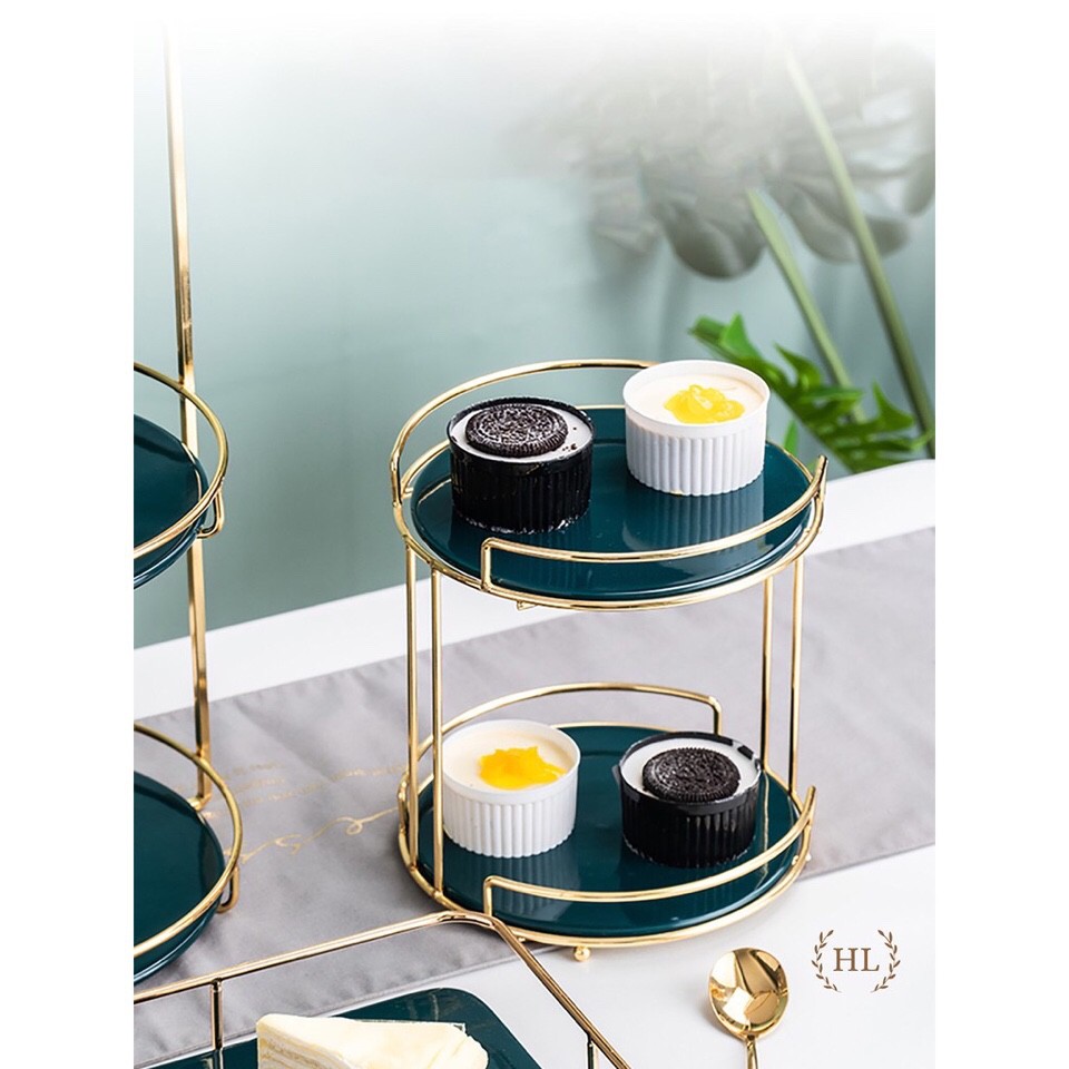 khay tròn 2 tầng khung thép mạ vàng, kệ 2 tầng đựng mỹ phẩm, bánh ngọt-HL
