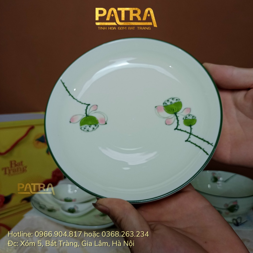 Bộ bát đĩa sứ Bát Tràng, bộ chén dĩa men kem họa tiết đài sen cao cấp 13 chi tiết, có bán các món lẻ
