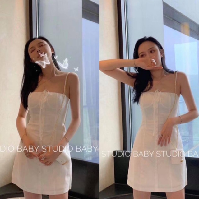 ĐẦM HAI DÂY TRẮNG CÓ MÚT NGỰC VÀ LÓT TRONG SAU LƯNG BO CHUN - ĐẦM KIỂU NÚT GIỮA CỘT NƠ ( kèm ảnh trải sàn ) | BigBuy360 - bigbuy360.vn