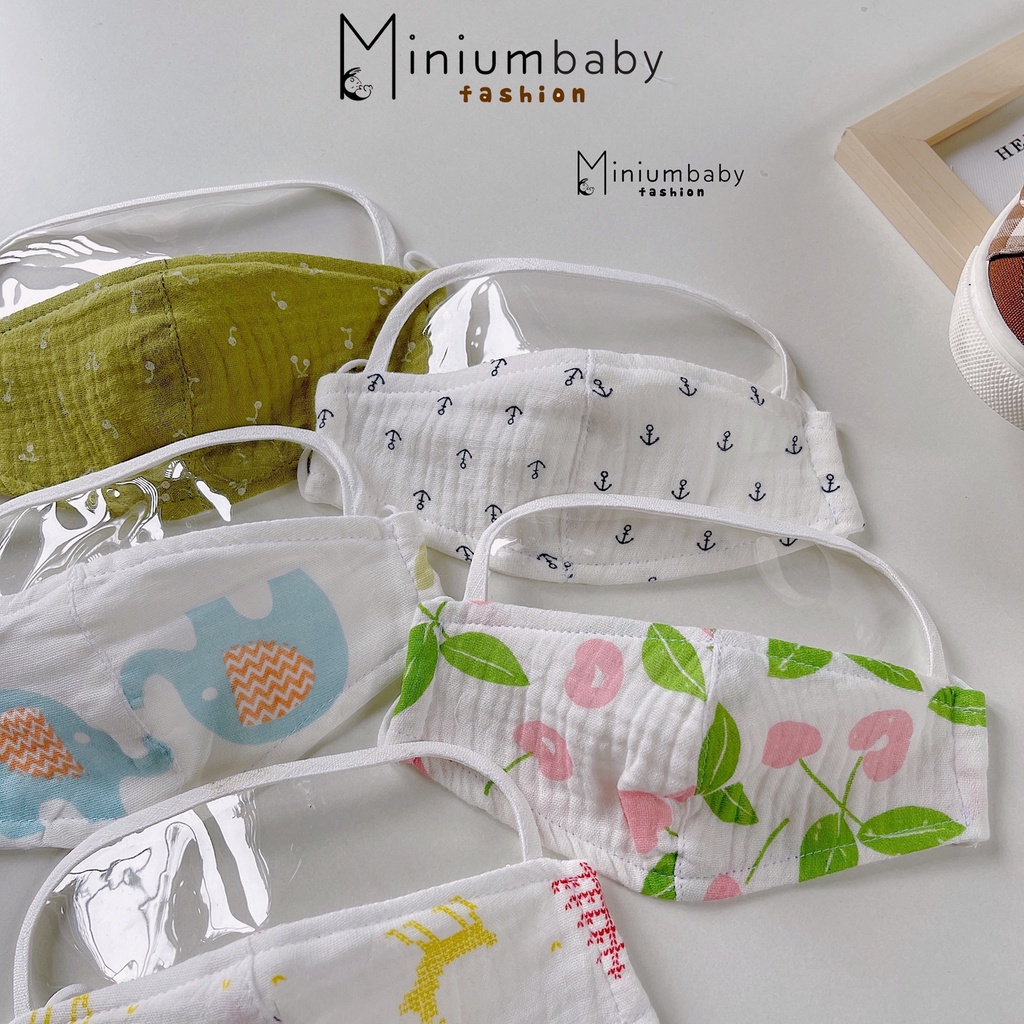 Khẩu trang có kính cho bé gái, bé trai, chất liệu xo muslin màu sắc unisex, miniumbabyfashion