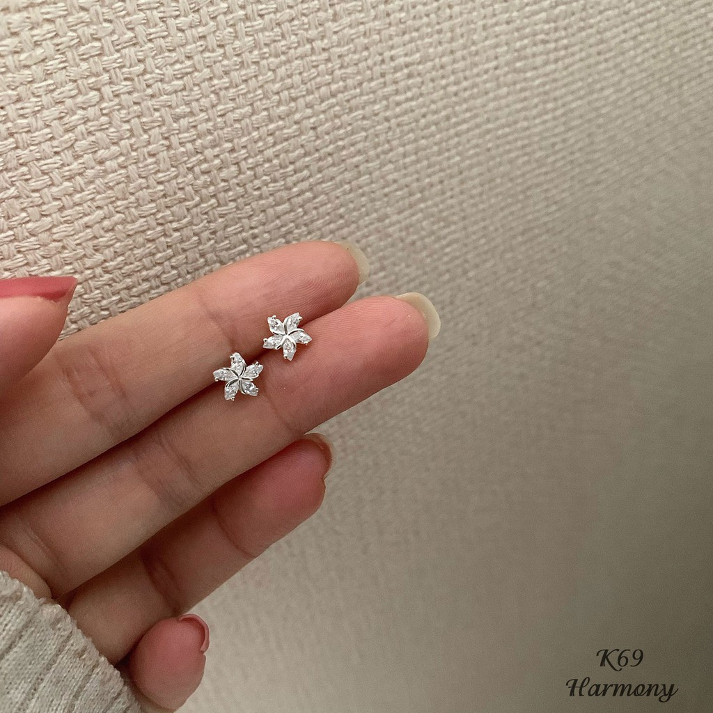 Khuyên tai nữ bạc 925 hình anh đào đính đá 2 màu xi bạch kim và vàng Sakura | HARMONY ACCESSORIES K69