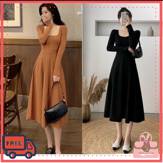 Váy Len Tăm Dáng Xờ Dài Qua Gối Cổ Vuông Tay Dài Sang Chảnh Nữ Tính Mềm Mại