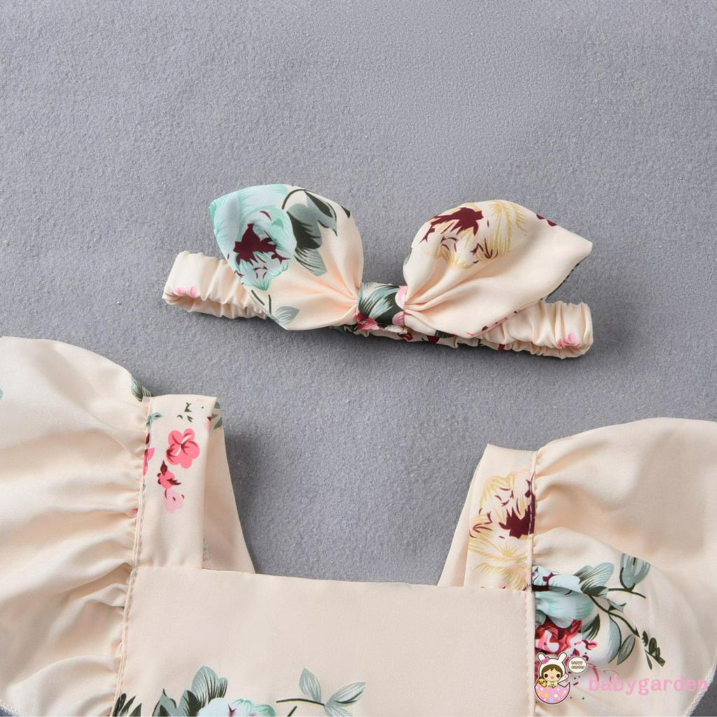 Áo Liền Quần In Hoa Kèm Băng Đô Cho Bé Gái