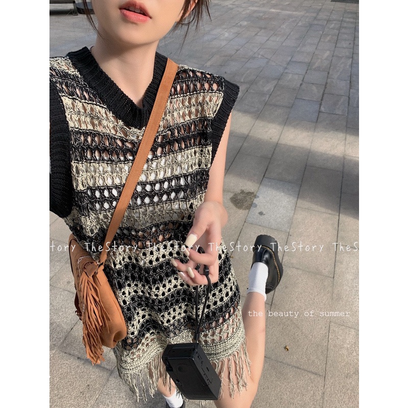 Áo ghi lê nữ len sọc tua rua  A2602