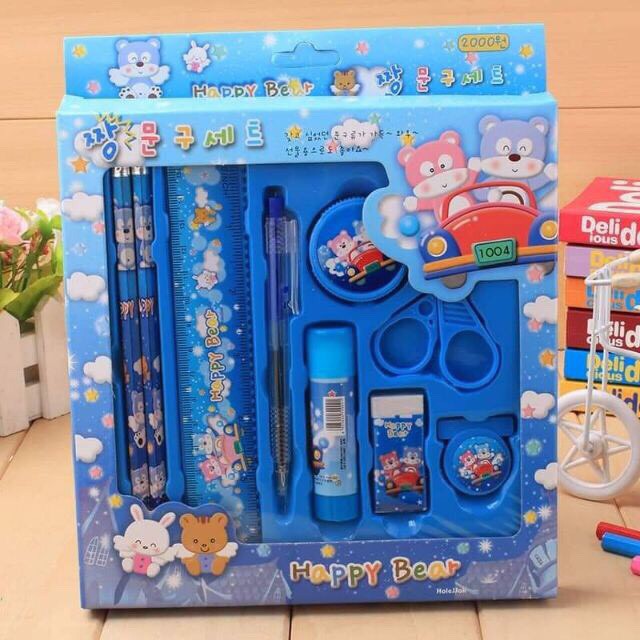 Bộ dụng cụ học tập 9 món bút bi,bút chì,thước kẻ,tẩy,kéo,gọt xoáy bút chì,keo dán giấy cực kỳ đáng yêu