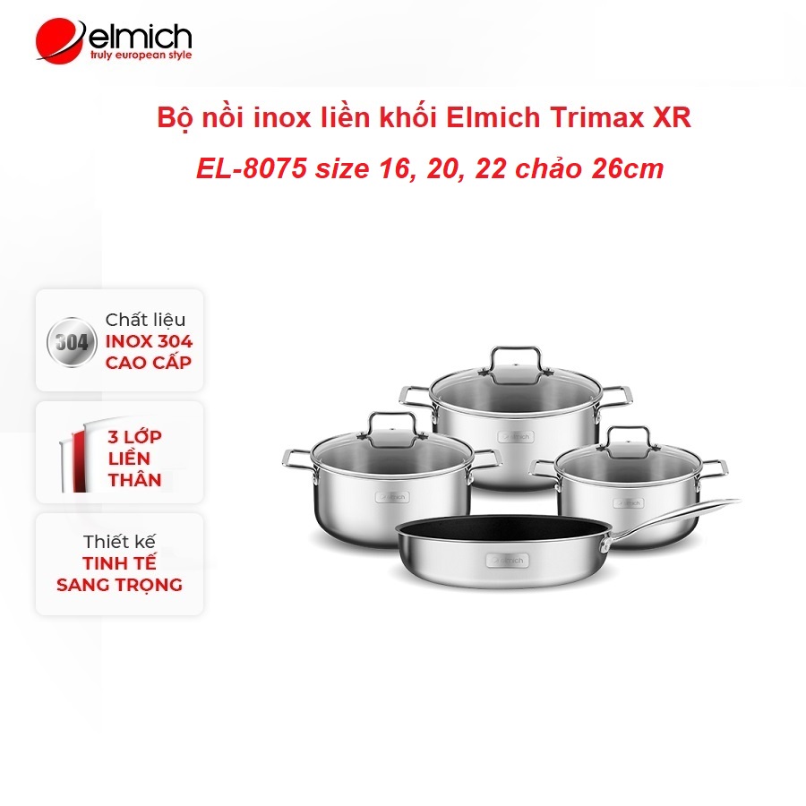 Bộ nồi inox liền khối Elmich Trimax XR EL-8075 size 16, 20, 22 chảo 26cm