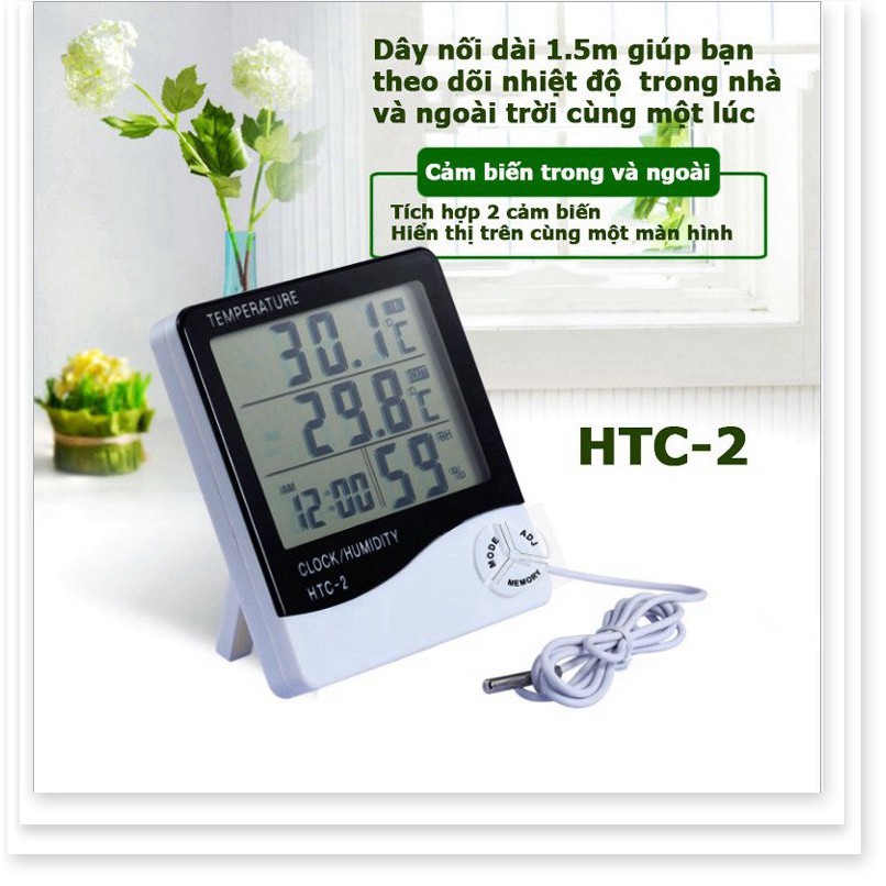 Nhiệt ẩm kế kiêm đồng hồ báo thức cảm biến nhiệt độ và độ ẩm HTC-2 với 2 cảm biến trong và ngoài