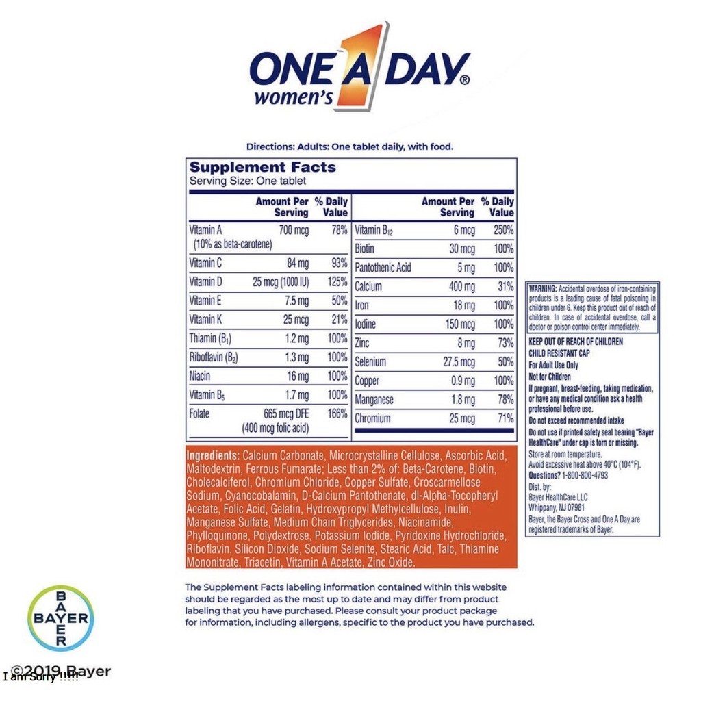 [CHÍNH HÃNG] Date 11.2024 Viên uống Vitamin Tổng hợp tăng cường sức khỏe Nữ giới One A Day Women's 300 Viên