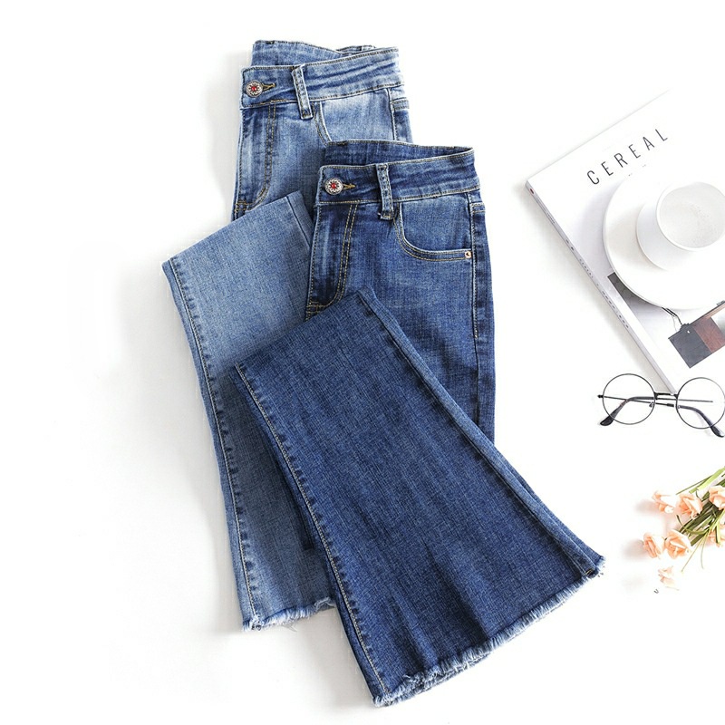 Quần Jean Nữ Lưng Cao OoKi Ống Loe Lai Tua Cotton co Giãn 4 Chiều Quần Bò Nữ Ống Bass Dáng Skinny 40- 65Kg