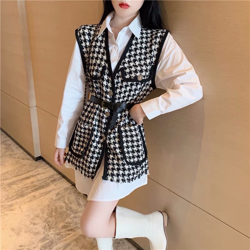 Áo Sơ Mi Dài Kèm Áo Ghi lê + Đai Thắt Lưng
