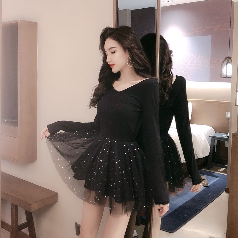 Đầm nữ tay dài cổ tròn hở lưng váy xòe đen lấp lánh bling bling ulzzang