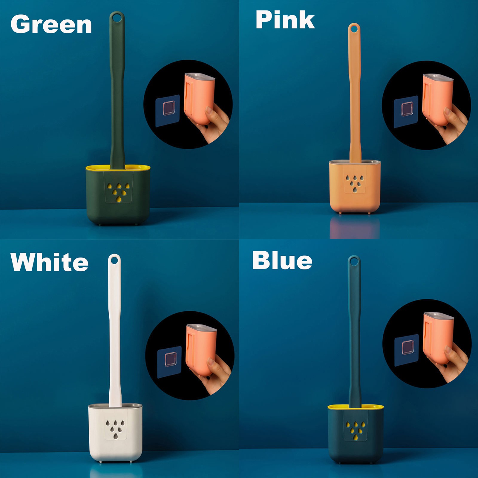 TEAK Clean Any Corner Toilet Brush Wall-Mounted Silicone Flex Cleaning Toilet Brush Set Long Handle With Lid with Toilet Brush Holder Bathroom WC Soft/Multicolor