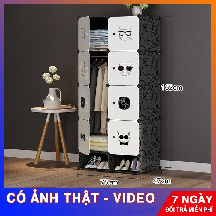 TỦ ĐỂ ĐỒ, QUẦN ÁO BÊN TRÊN KẾT HỢP TỦ GIẦY BÊN DƯỚI CỬA HỌA TIẾT KẾT HỢP CỬA TRẮNG TRONG MẪU 8 Ô LỚN