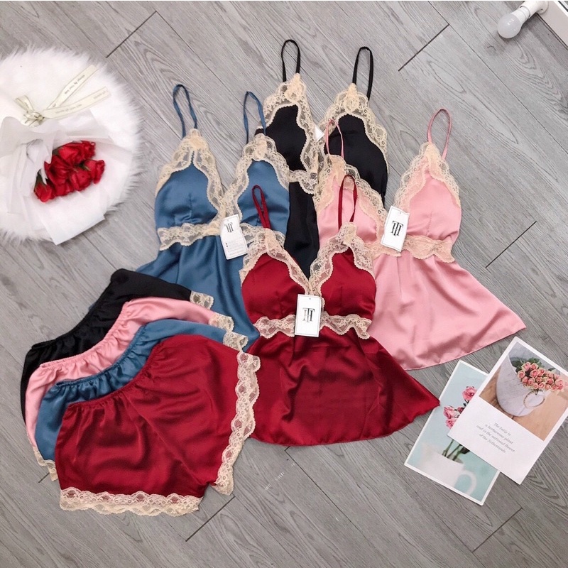 Bộ Ngủ Sexy- Đồ Ngủ Satin Cao Cấp Có Mút Form 40-55kg( ảnh và video thật)