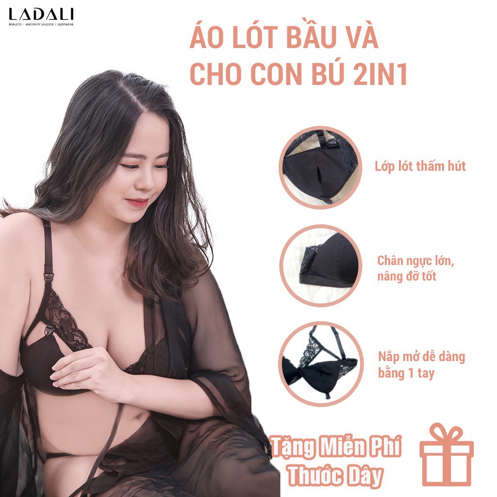 Áo ngực bà bầu cho con bú Ladali cúc bấm chất liệu cotton pha ren 2in1 (có bigsize)