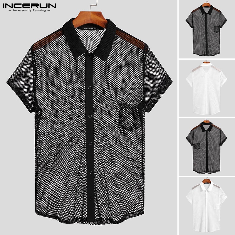INCERUN Áo Sơ Mi Lưới Tay Ngắn Trong Suốt Cài Khuy Thời Trang Cho Nam