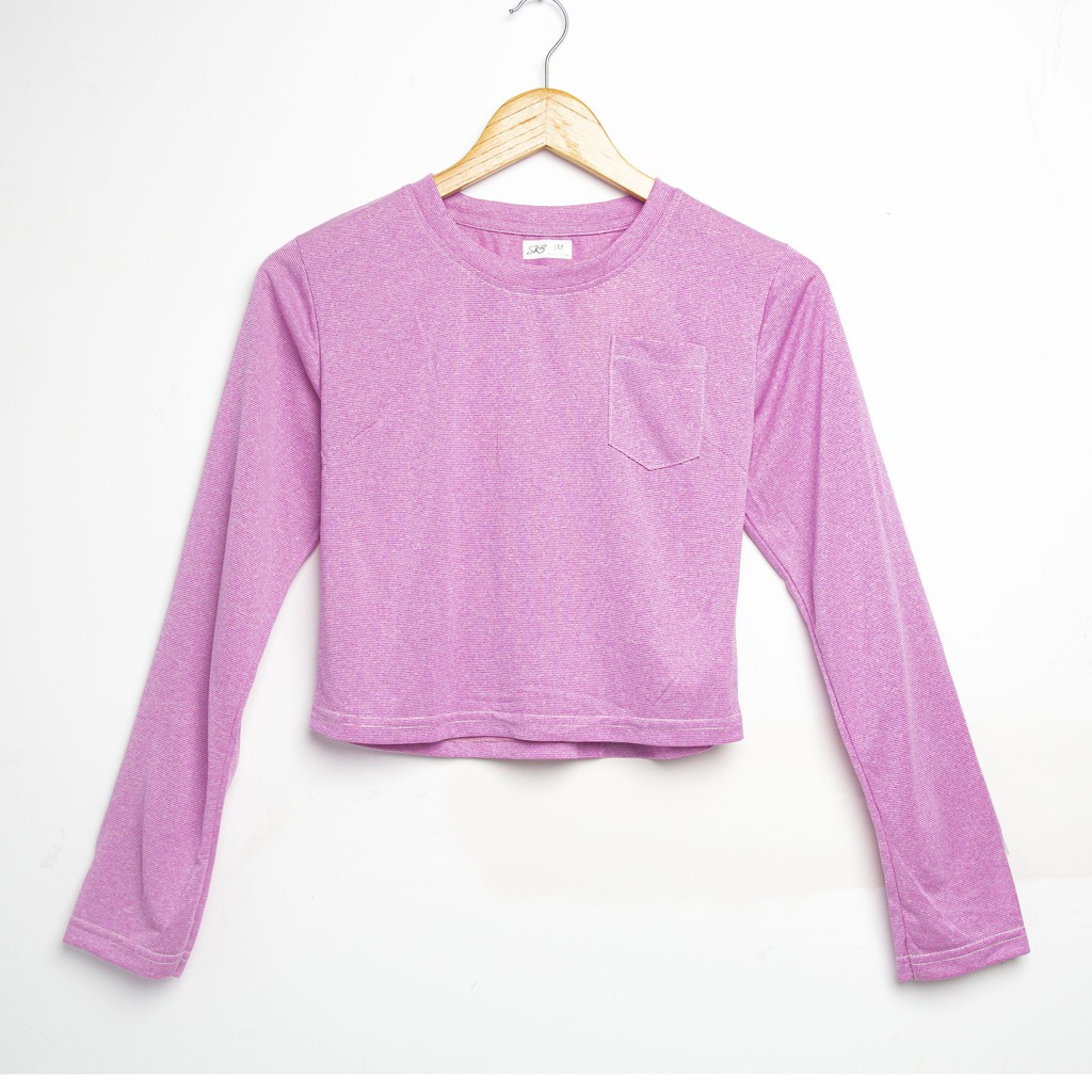 Áo thun tay dài nữ Simple & Basic cotton mềm mịn, dáng croptop, màu hồng sọc