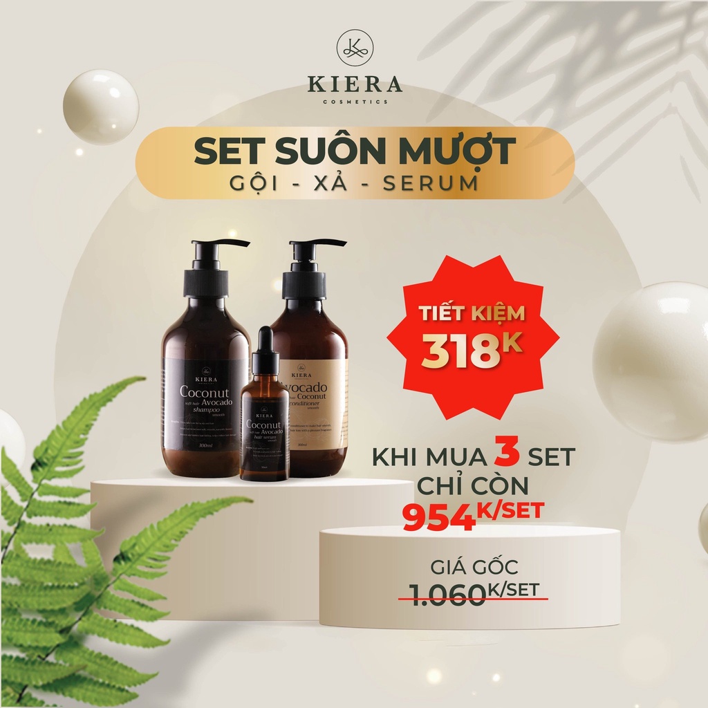 KIERA bộ sản phẩm Gội - Xả - Serum từ bơ dừa giảm rụng ,kích mọc tóc