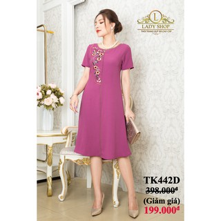 VÁY TRUNG NIÊN - ĐẦM QUÝ BÀ - THỜI TRANG TRUNG NIÊN CAO CẤP - LADYSHOP - Đầm đũi hồng tím viền nâu thêu hoa TK442D