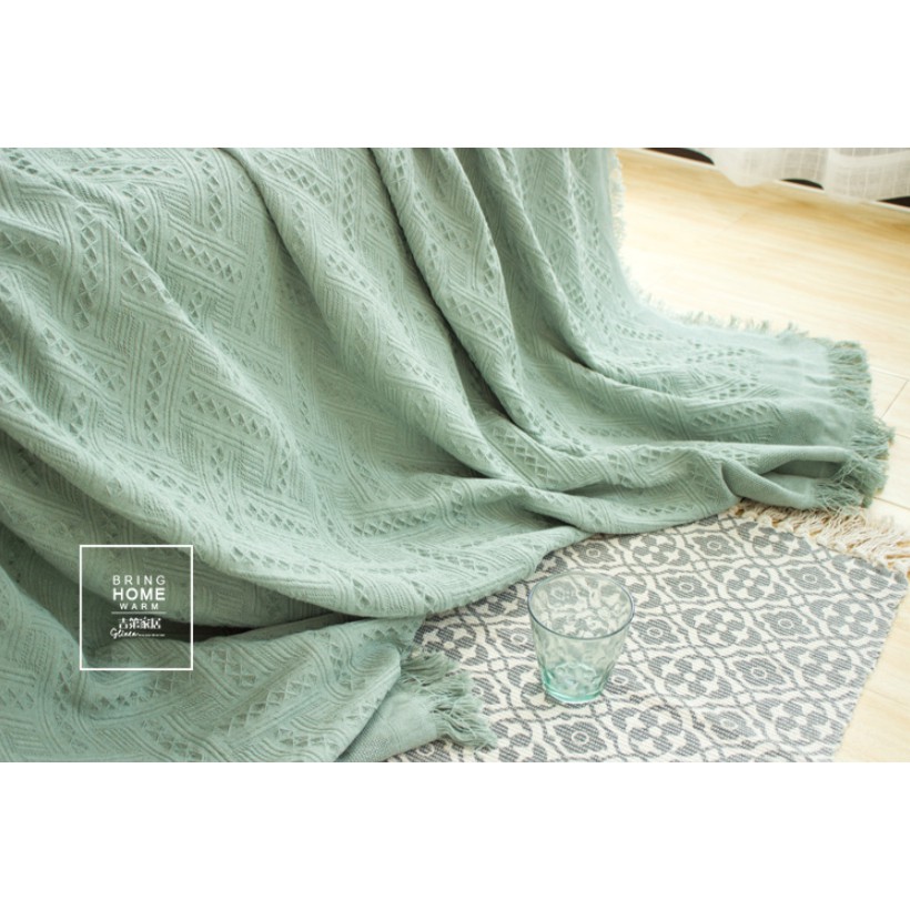 [SIZE TO INBOX] Chăn thảm phủ ghế sofa đan len tua rua màu xanh mint phong cách Bắc Âu/Bohemian