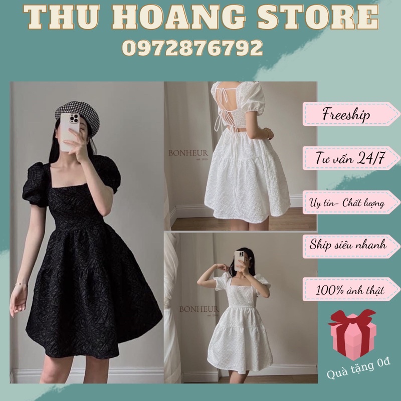 Váy Babydoll tay bồng công chúa cổ vuông XOÈ TẦNG cách điệu thắt nơ sau lưng phong cách Vintage đen trắng